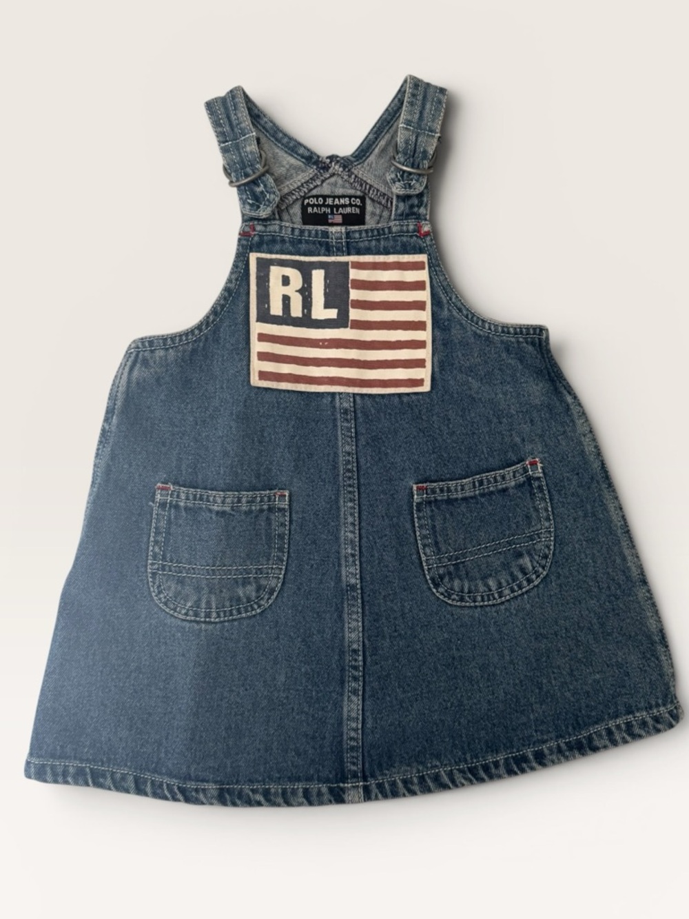 Vintage 90s/Y2K Ralph Lauren RL Flag Denim Jumper Dress 12–18M